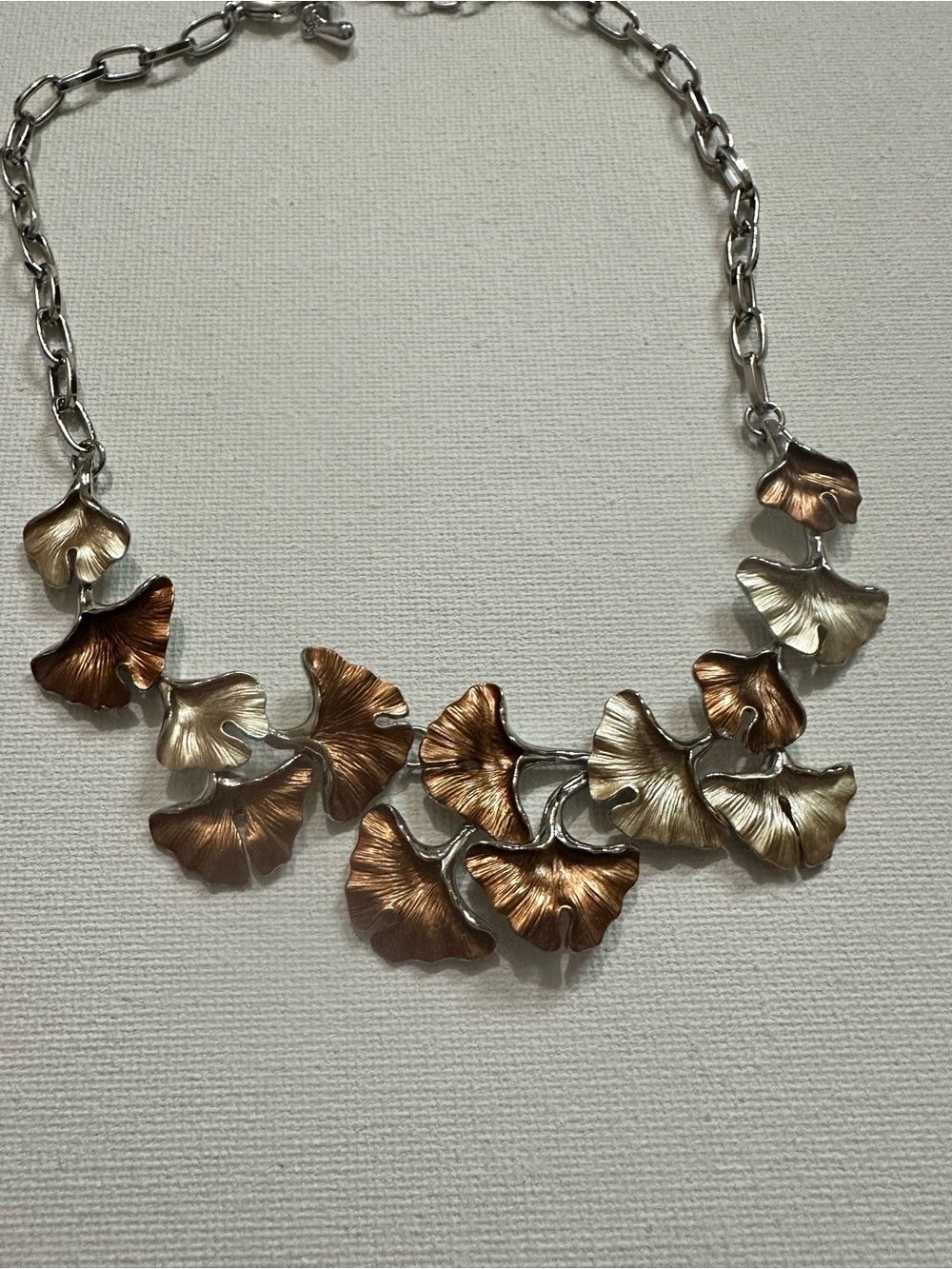 Two-Tone Ginkgo Leaf Statement Necklace Silver & Bronze Silver Tone Chain Line - Picture 3 of 9